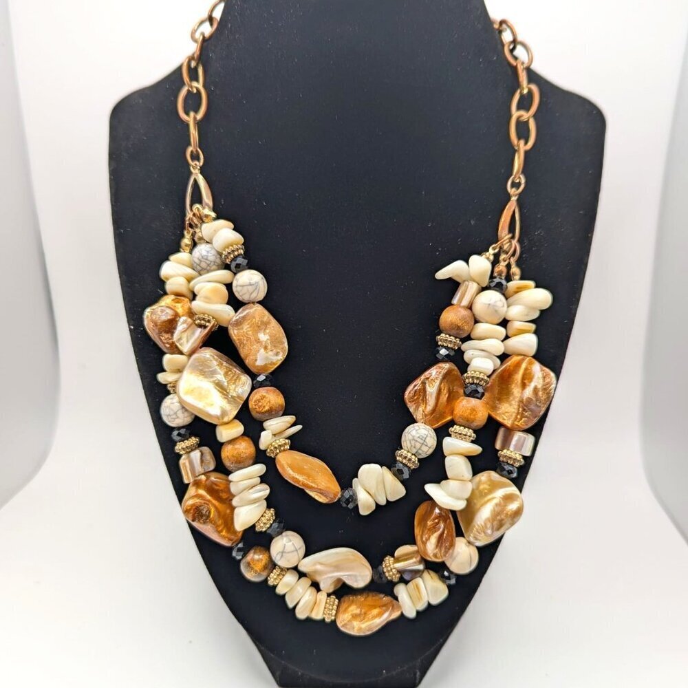 Vintage Multi-Strand Statement Necklace Natural Agate & Shell Beads - Earth Tone